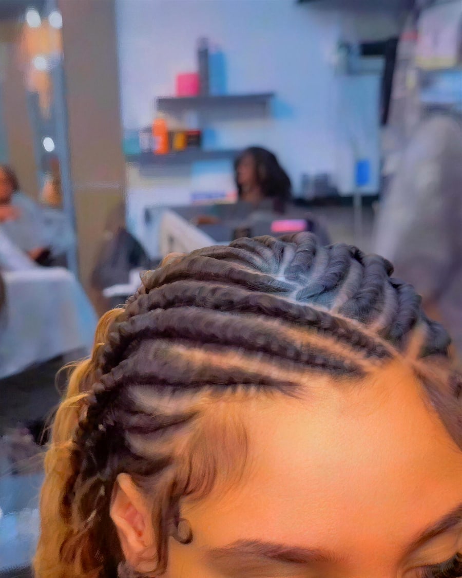 Fine cornrows braided close to the scalp, photographed in the studio